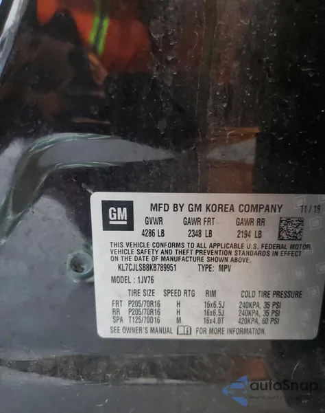 2019 Chevrolet Trax 1Lt из США, поврежденный, VIN KL7CJLSB8KB789951